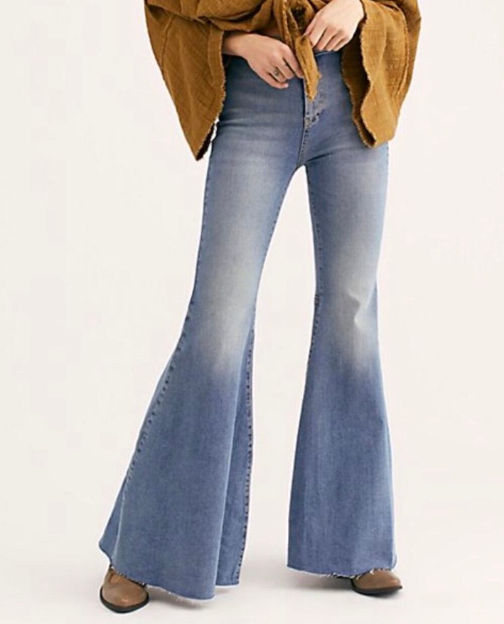 Free People Just Float On High Rise Flare Jeans W27 Light Wash Raw Hem Boho